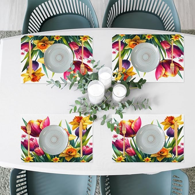 Spring Beautiful Flower Placemats Set of 4 PVC Vinyl Non Slip Table Mats Waterproof Heat Resistant Place Mats Washable Wipeable Dining Table Mat for Kitchen Party Indoor Outdoor Decorative