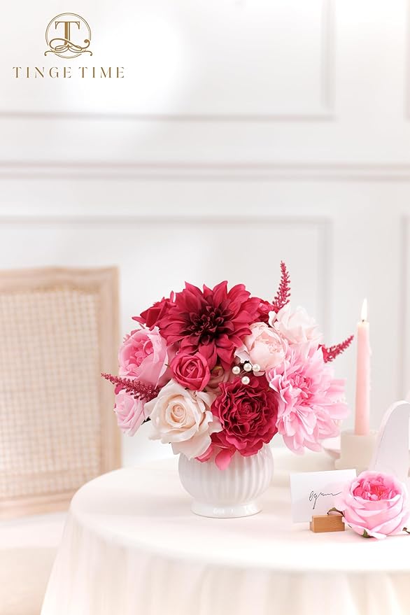 TINGE TIME Artificial Flowers Deep Hot Pink Flower Combo for DIY Wedding Bouquets Table Centerpieces Arrangements Party Baby Shower Home Decoration Valentine's Day
