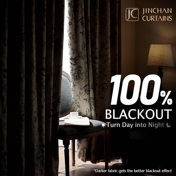 jinchan Blackout Linen Blend Curtain Floral Blackout Curtains for Living Room 63 Inch Length Black Printed with Lined Blackout Curtain for Bedroom Farmhouse Curtains Set 2 Panels