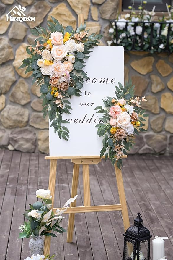 Wedding Welcome Signs Floral(Pack of 2)，Wedding Arch Flowers for Wedding Decorations and Reception Backdrop Decoration (New Champagne)