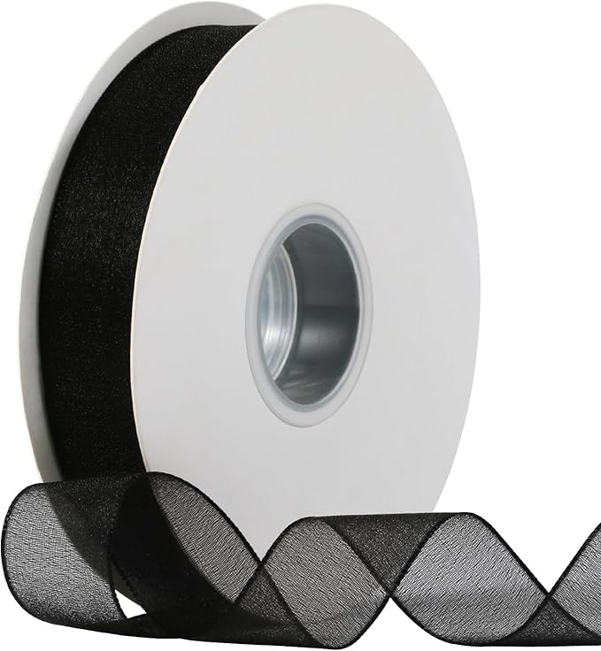 Sheer Organza Ribbon 1 Inch Chiffon Ribbons for Gift Wrapping, Flower Bouquet, 50 Yards/Roll (Black)