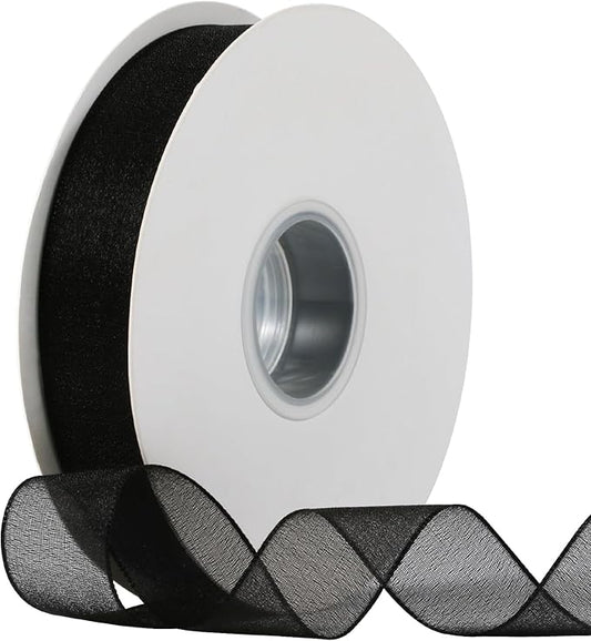 Sheer Organza Ribbon 1 Inch Chiffon Ribbons for Gift Wrapping, Flower Bouquet, 50 Yards/Roll (Black)