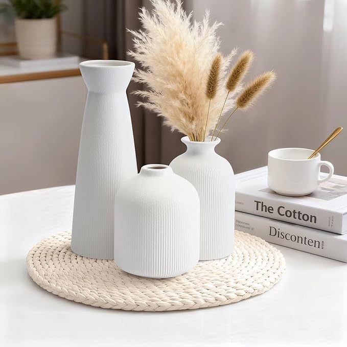 Christmas White Ceramic Flower Vases Set of 3, Large Xmas Gift Vases with Vertical Stripe Texture, Modern Decorative Vases for Dried Flowers, Home Decor for Living Room Bedroom Kitchen Shelf