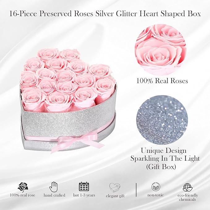 Flowers for Delivery, 16 Pink Forever Roses in a Box, Preserved Flowers Anniversary Mothers Day Birthday Valentines Day Gifts for Women Mom Wife Girlfriend Her Grandma