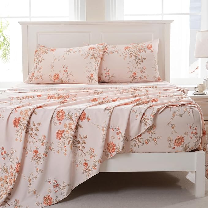 Zusbest King Size Sheets 100% Percale Cotton Orange Floral Bed Sheet Set, Brushed for Extra Softness, Breathable Luxury Flannel Sheets Like Shabby Vintage Flower Print Deep Pocket Bed Set 17.5'' 4 Pcs