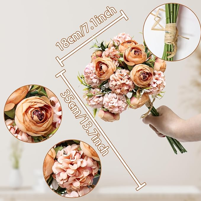 Zerzsy Artificial Flowers Bouquets, Mixed Orange Artificial Peonies, Fake Flowers Bride Holding Flower Faux Floral for Wedding Bridal Bouquet Home Table Centerpiece Floral Decoration