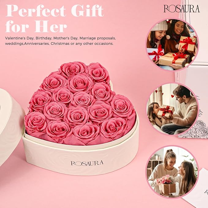 Rosaura Heart-Shaped Preserved Roses Gift Box - Real Forever Flowers for Birthday, Valentine's & Mother's Day (pink, 16 roses)