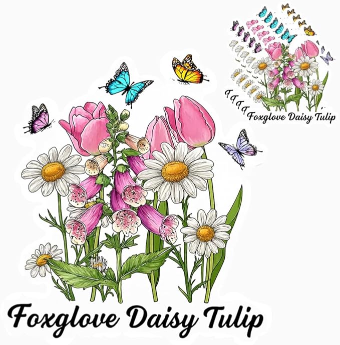 HANDICHI Design 5-Pack 6 Inch Foxglove Daisy Tulip Stickers – Floral Vinyl Decals, FDT Bumper Stickers, Waterproof Aesthetic Flower Sticker Pack for Laptops, Water Bottles, Journals