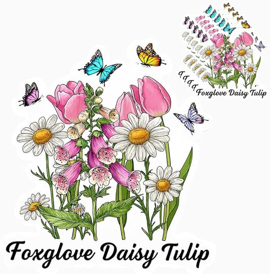 HANDICHI Design 5-Pack 4 Inch Foxglove Daisy Tulip Stickers – Floral Vinyl Decals, FDT Bumper Stickers, Waterproof Aesthetic Flower Sticker Pack for Laptops, Water Bottles, Journals