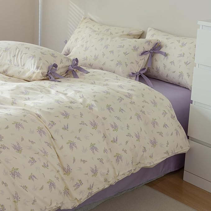 HighBuy Garden Floral Duvet Cover Twin XL with 2 Bowknot Bow Tie Pillowcases Coquette Aesthetic Comforter Cover Soft Cotton 3 Piece Botanical Boho Duvet Cover with Purple Flowers Bedding Set