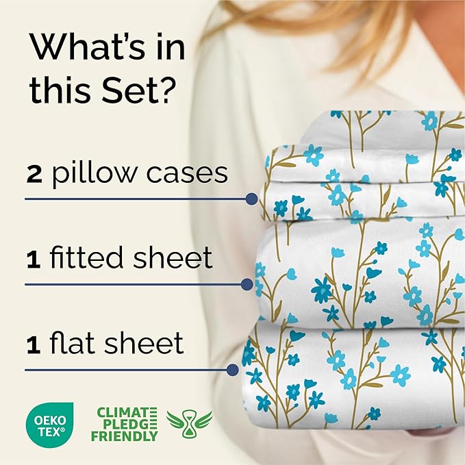 Floral Sheets - Blue Floral Bed Sheet Set - 1 Flat, 1 Fitted & 2 Pillowcases w/ Deep Pockets - Comfy, Wrinkle & Fade Free - Boho Botanical Bedding - Ultra-Soft, Breathable & Cooling - Queen Size Set