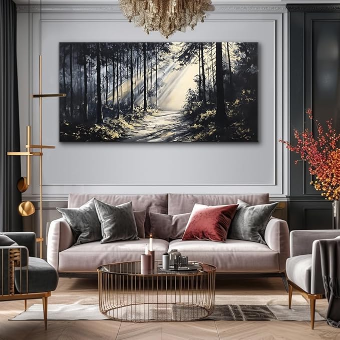 LAVIKARS Rustic Sunlight Forest Wall Art for Living Room Office Black and White Modern Landscape Canvas Painting Prints Large Nature Artwork Home Kitchen Bedroom Decor (16x30 Inches)