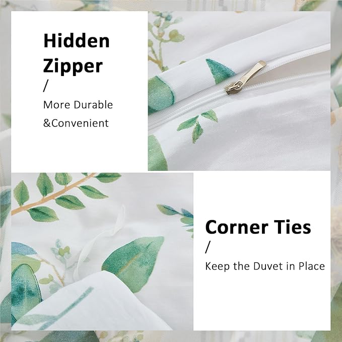 Botanical 100% Cotton Duvet Cover King Size - 3Pcs Mint Green Printed with Sage & Emerald Leaves on White,Reversible Lightweight and Soft Bedding Sets
