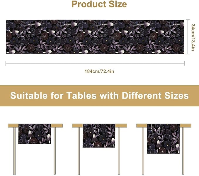 Gothic Floral Table Runner, Dark Purple Vintage Garden Flower Witchy Mushroom Farmhouse Coffee Table Center Decor for Home Kitchen Dining Patio Holiday Party Table Decorations 13x90 inches