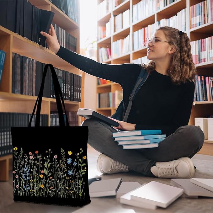 Decohim Floral Butterfly Canvas Tote Bag Boho Canvas Bag with Pocket for Work Office Women Girl Christmas Birthday Gifts