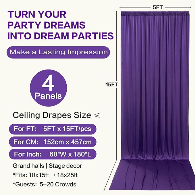 PartyVillage 20ft×15ft Deep Purple Backdrop Curtain for Wedding Parties, 4 Panels Wrinkle Free 15 FT Long Polyester Photo Backdrop Drapes Back Drop Cloth for Birthday Photography Background