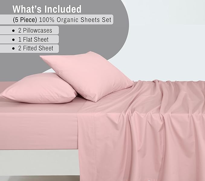 RUVANTI 100% Organic Cotton Sheets Split King, Percale Weave, GOTS Certified, 5-Piece Set, Deep Pocket 15", Crisp & Breathable, Soft Durable Bedding, Sábanas Algodón Orgánico – Peach Skin