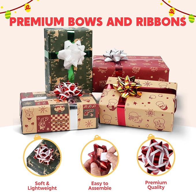 JOYIN 75PCS Christmas Bows Assortment with 2 Rolls of Curling Ribbons,5 Colors Self Adhesive Gift Bows for Gift Wrapping, Birthday Wedding Easter Xmas Presents Boxes Decoration