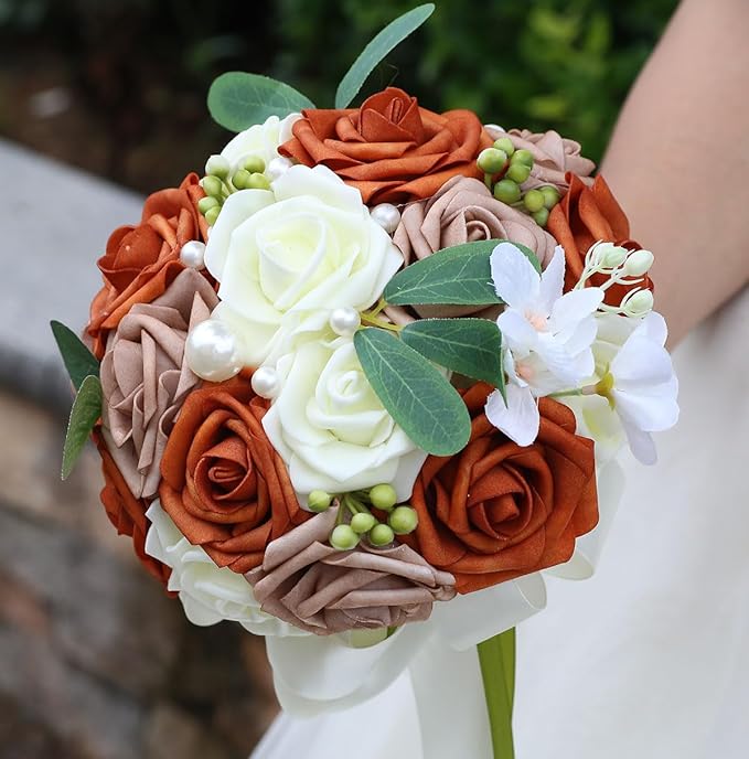 Lightweight Bridal Wedding Bouquet Round Holding Bouquet Throw Toss Artificial Rose Flower Bunch for Bride Bridesmaid Wedding Quinceanera (Cream, Coral & Rosy Brown, 9.1")