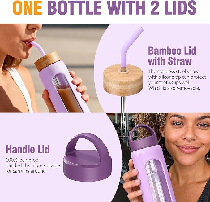 32 oz Glass Water Bottle, 1 Liter Glass Tumbler with Straw, Reusable Drinking Bottles with 2 Lids-Handle Lid&Bamboo Straw Lid, Silicone Sleeve, for Sports, Home,1 Pack-Purple