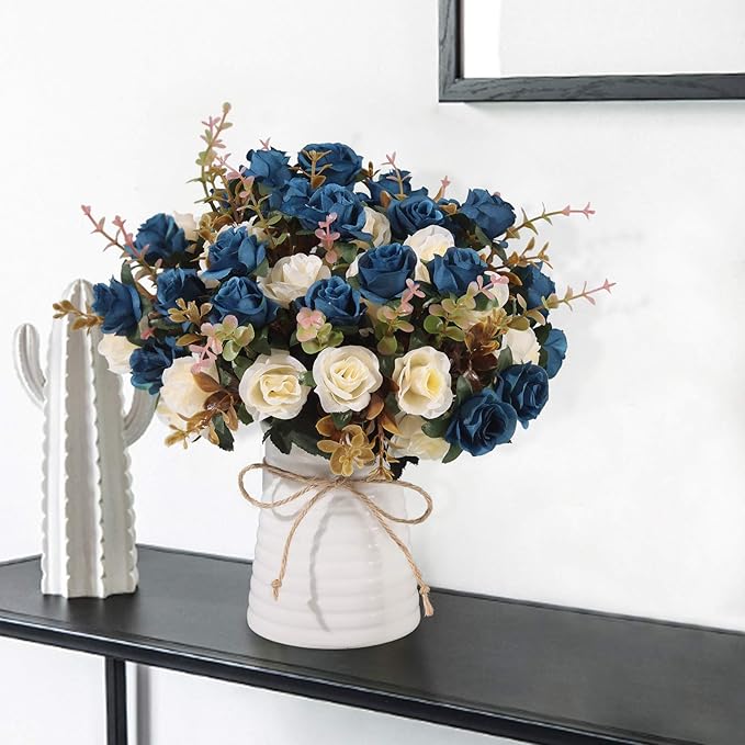 Lifelike Artificial Rose Bouquets and Ceramic vases, Fake Silk Roses, Suitable for Wedding, Dining Table, Office, Party and Home Decoration（Blue）