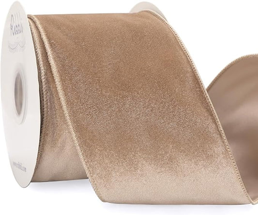 Ribbli Camel Velvet Wired Ribbon 4 Inch Velvet with Satin Christmas Ribbon for Gift Wrapping Christmas Tree Decoration Crafts Wreaths Supplies-Continuous 10 Yards
