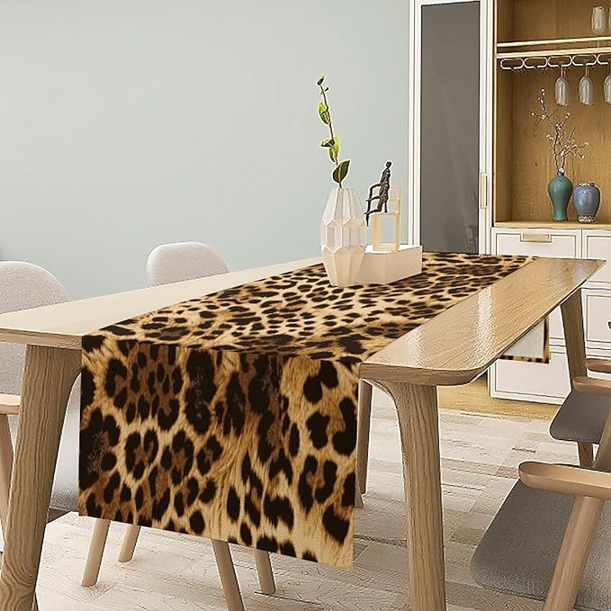 Leopard Skin Print Table Runner, Vintage Cottage Country Farmhouse Wildlife Safari Animal Skin Dinner Runner for Home Kitchen Dining Table Party Holiday Decor 13x36in