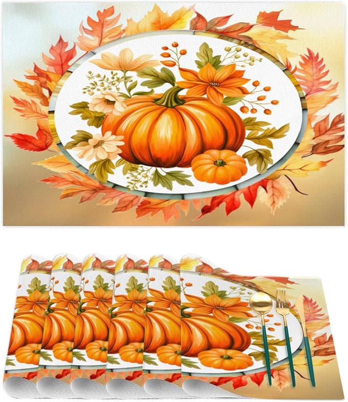 Fall Autumn Flower Pumpkin Placemats Set of 6 PVC Vinyl Non Slip Table Mats Heat Resistant Place Mats Washable Wipeable Dining Table Mat for Kitchen Decor Party Indoor Outdoor Decorative Gift