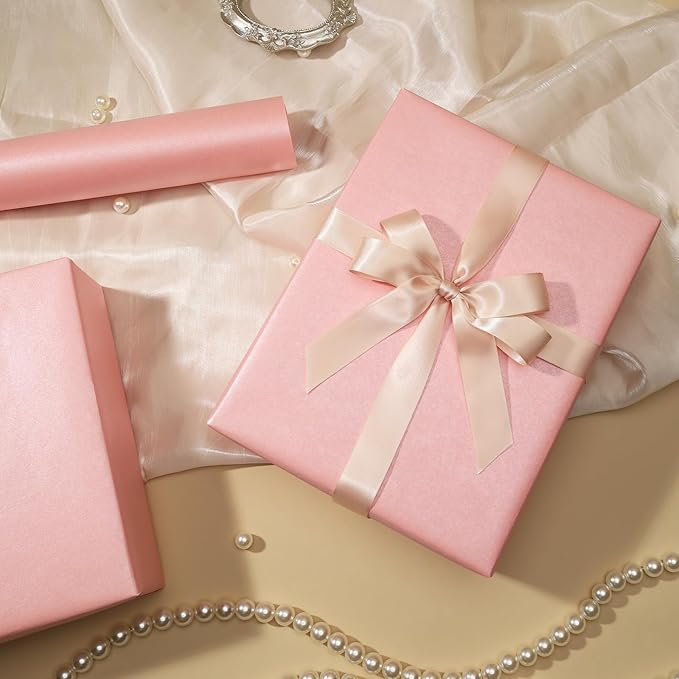 LaRibbons Pink Wrapping Paper, Mini Roll-17 Inch x 40 Feet, Solid Color Pearly-Lustre Gift Wrapping Paper Rolls for Wedding, Christmas, Valentine's Day, Birthday, Bridal Shower