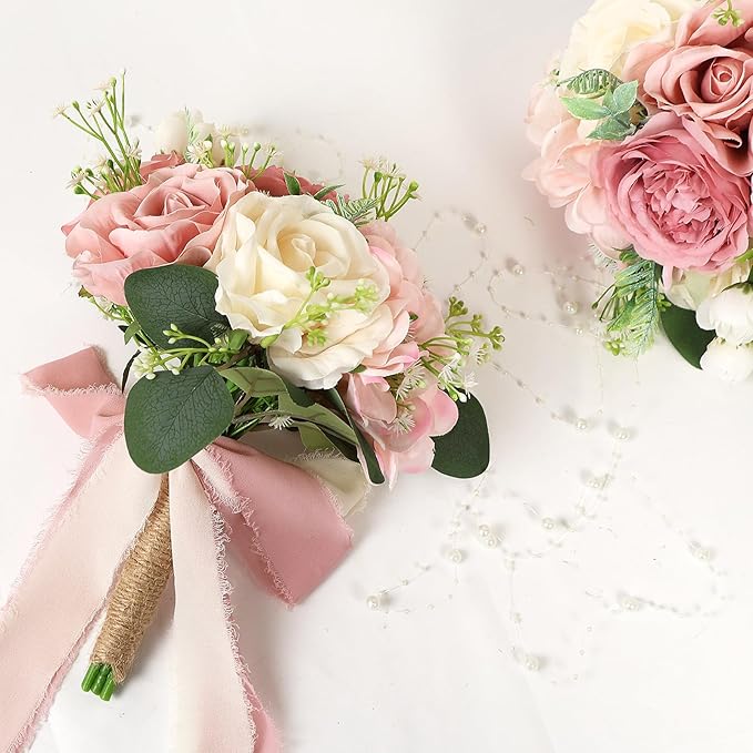 Set of 4 Bridesmaid Bouquets for Wedding, 9 Inch Boho Bridesmaid Flowers for Ceremony Anniversary Centerpieces Decorations, Artificial Rose Bouquets - Pink & White