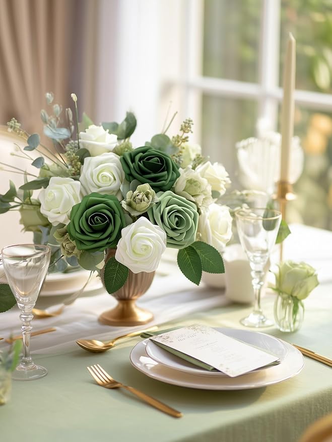InnoGear Artificial Flowers, 50 Pcs Shades of Forest Rose Foam Fake Roses Bulk with Stems for Spring Decoration DIY Wedding Bouquets Centerpieces Bridal Shower Party Christmas Tree
