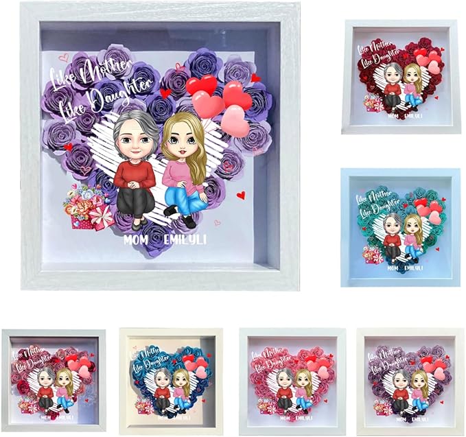 Personalized Mom Flower Shadow Box Custom Heart Shaped Rose Flower Shadow Box Frame Like Mother Like Daughter Mother's Day Portrait Shadowbox Memory Gifts for Mom from Daughter Christmas Birthday