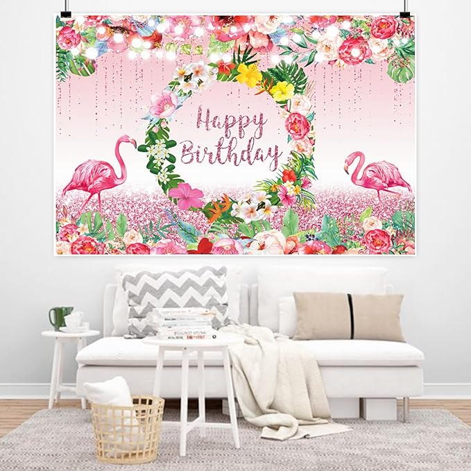 Renaiss 10x6.5ft Pink Flamingo Happy Birthday Backdrop Tropical Leaves Floral Hoop Winkle Hawaiian Photography Background Luau Aloha Party Decor Girls Birthday Photo Props Dessert Gift Table Banner