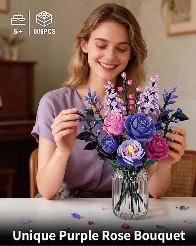 Flowers Bouquet Building Set - Purple Roses Botanical Collection Building Blocks for Adult Women, Artificial Flowers Gothic Home Decor Christmas Birthday Gift for Adults Kids Girls 6-12