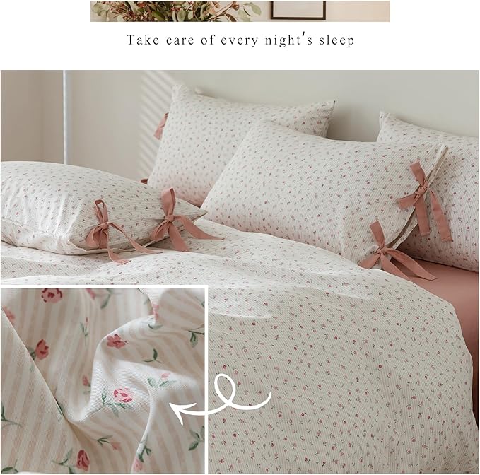 EAVD Fresh Garden Pink Floral Duvet Cover Twin Soft 100% Cotton Small Pink Floral Bedding Set for Girls with 2 Pillowcases Chic Shabby Botanical Duvet Cover with Zipper Closure