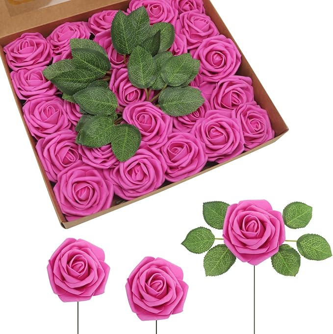 JOYLEX Artificial Flowers Realistic Roses, Real Looking Fake Roses with Stem for DIY Wedding Bouquets Centerpieces Bridal Shower Party Home Romantic Decorations (Hot Pink, Regular 3" - 200pcs)