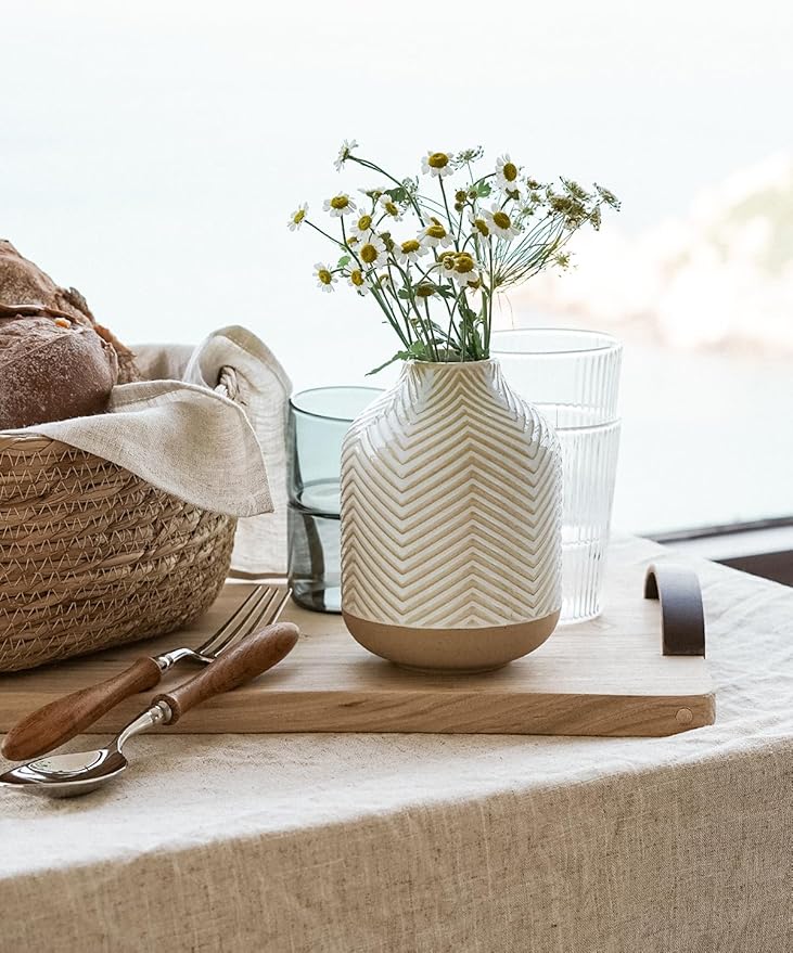 Small Boho Vase for Decor,Rustic Farmhouse Vase for Pampas Grass,Eucalyptus Set and Tiny Stem Flowers,Ceramic for Centerpieces, 5.3 Inch,Wave-Arctic White