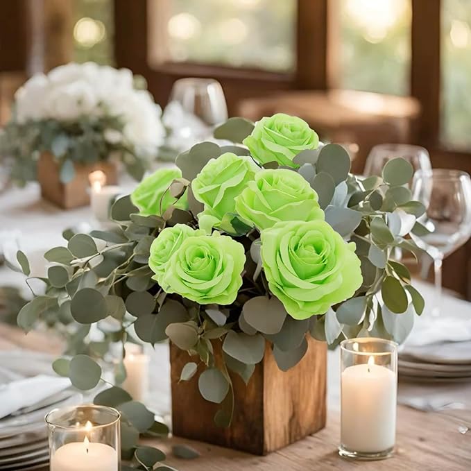Felice Arts 12 Pack Light Green Artificial Flowers with Stems Silk Roses Fake Flowers Bouquet for Wedding Centerpiece Table Vase Home Kitchen Party DIY Decor