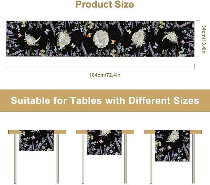 Boho Floral Table Runner, Spring Gothic Moon Phase Wildflower Mystical Witchy Farmhouse Coffee Table Center Decor for Home Kitchen Dining Patio Holiday Party Table Decorations 13x90 inches