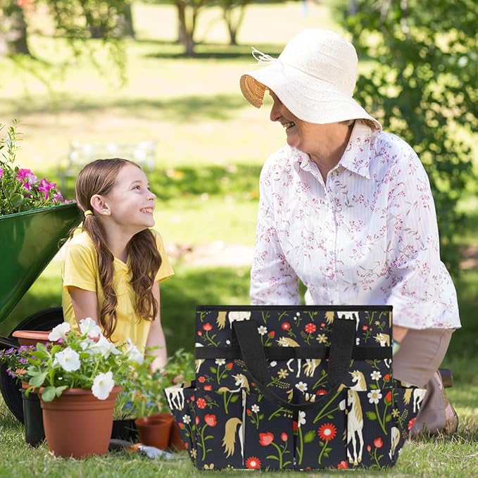 Garden Tool Tote Bag for Women Men Cartoon Horse Flowers Gardening Tool Storage Bags with 10 Pockets Standable Garden Home Tool Kits Organizer for Indoor Outdoor Gardening Gifts