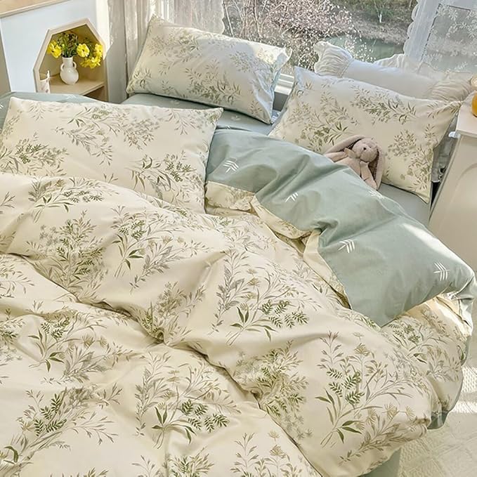 LifeTB Floral Botanical Comforter Set Full Size, Aesthetic Flower Leaves Pattern Cute Floral Bedding Comforter Set, 3 Pieces Lightweight Soft Fluffy Botanical Flowers Comforter with 2 Pillowcases