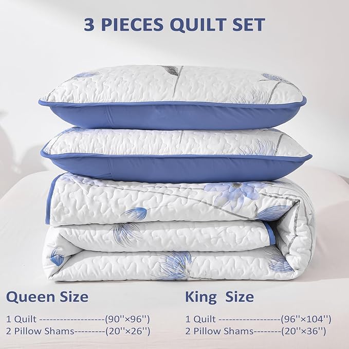 Dinjoy Floral Quilt Set Queen,Blue Bedspreads Queen Size 3 Pieces Cute Bedding Set Farmhouse Quilts Soft Flower Bedspreads White Coverlet Sets for All Season