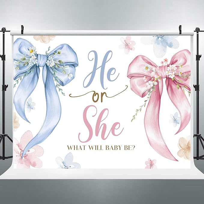 Riyidecor Gender Reveal Backdrop Polyester Fabric Bow Watercolor Floral What Will Baby Be 8Wx6H Feet Pink Blue He or She Baby Shower Floral Leaves Photography Background Newborn Photo Studio Shoot