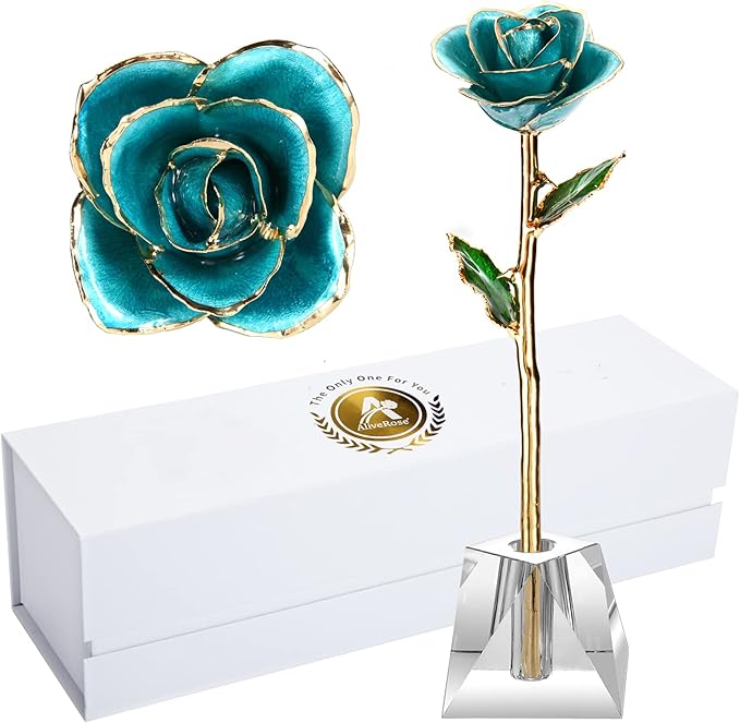 AliveRose Gold Rose,24k Gold Real Rose Gift for her, Long Stem Rose Made from Real Gold Rose for Anniversary Valentines Mothers Day Birthday (Teal Blue with Crystal Vase)
