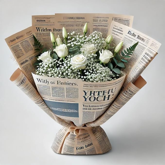 LeZakaa 20 Sheets Kraft Newsprint Flower Wrapping Paper - Reversible Floral Bouquet Paper -Blue Font Kraft Newsprint Design for Valentine's Day, Mother's Day, Parties, Birthdays, Weddings, Baby Shower