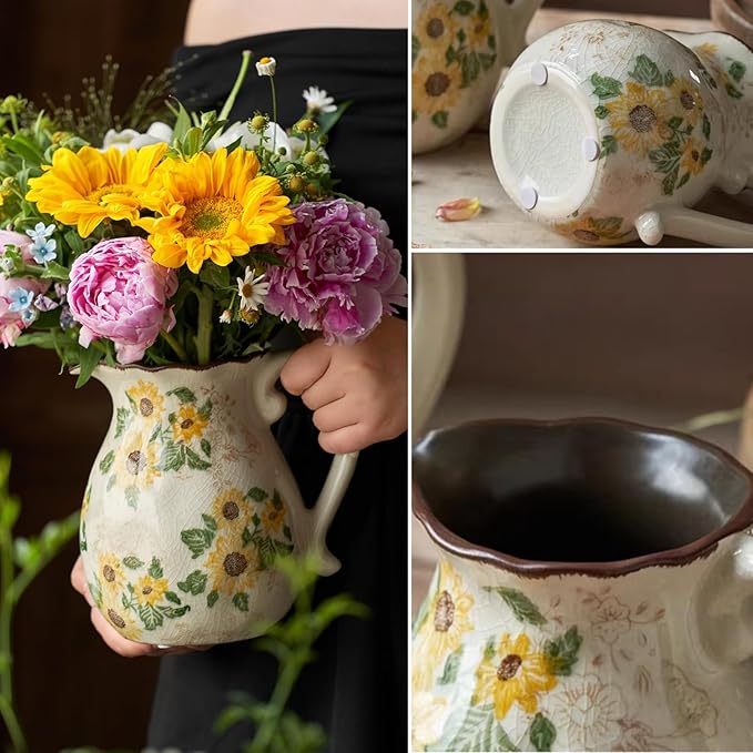 Levvohd Vintage Vase with Handle, 6 Inch Ceramic Pitcher Sunflower Floral Vases Decorative for Grandma Home Decor, Living Room Bookshelf Office Tuscan Decor (Small)
