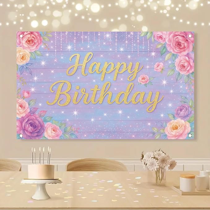 71 x 43 Inch Happy Birthday Backdrop Purple Pink Floral Glitter Rose Birthday Party Decorations Banner for Girls Women Kids Birthday Supplies Photo Booth Wall Backdrop Photography Props