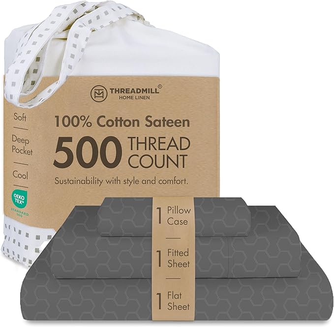 Threadmill 500 Thread Count Twin Size 3 Pc Luxury Cotton Bedding Set, Jacquard Floria Dark Grey, Breathable Sheets with 15" Elasticized Deep Pocket, 1 Pillowcase & Free Tote Bag
