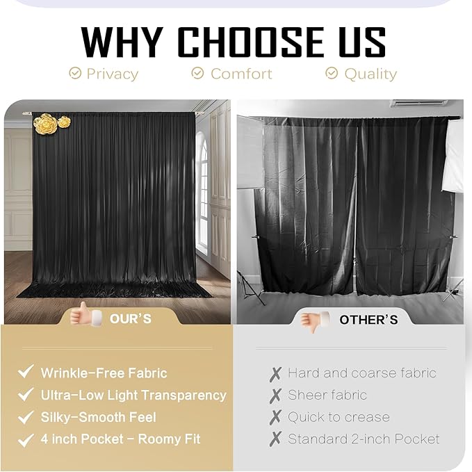 gogoparti 10 ft × 12 ft Black Backdrop Curtain for Wedding Parties, 2 Panels Wrinkle-Free 12 FT Long Polyester Photo Backdrop Drapes for Birthday, Baby Shower, Halloween Photography Background