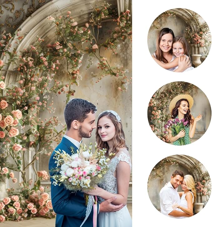 6x4ft Vintage Castle Wall Photography Backdrop Pink Rose Flower Arch Spring Floral Medieval European Building Background for Wedding Mothers Day Bridal Shower Birthday Newborn Decoration